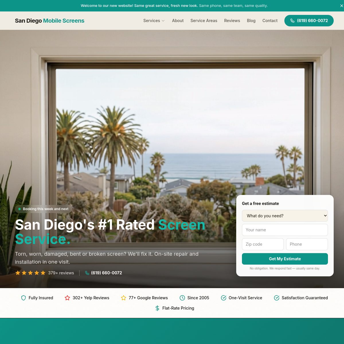 San Diego Mobile Screens homepage shown on a laptop